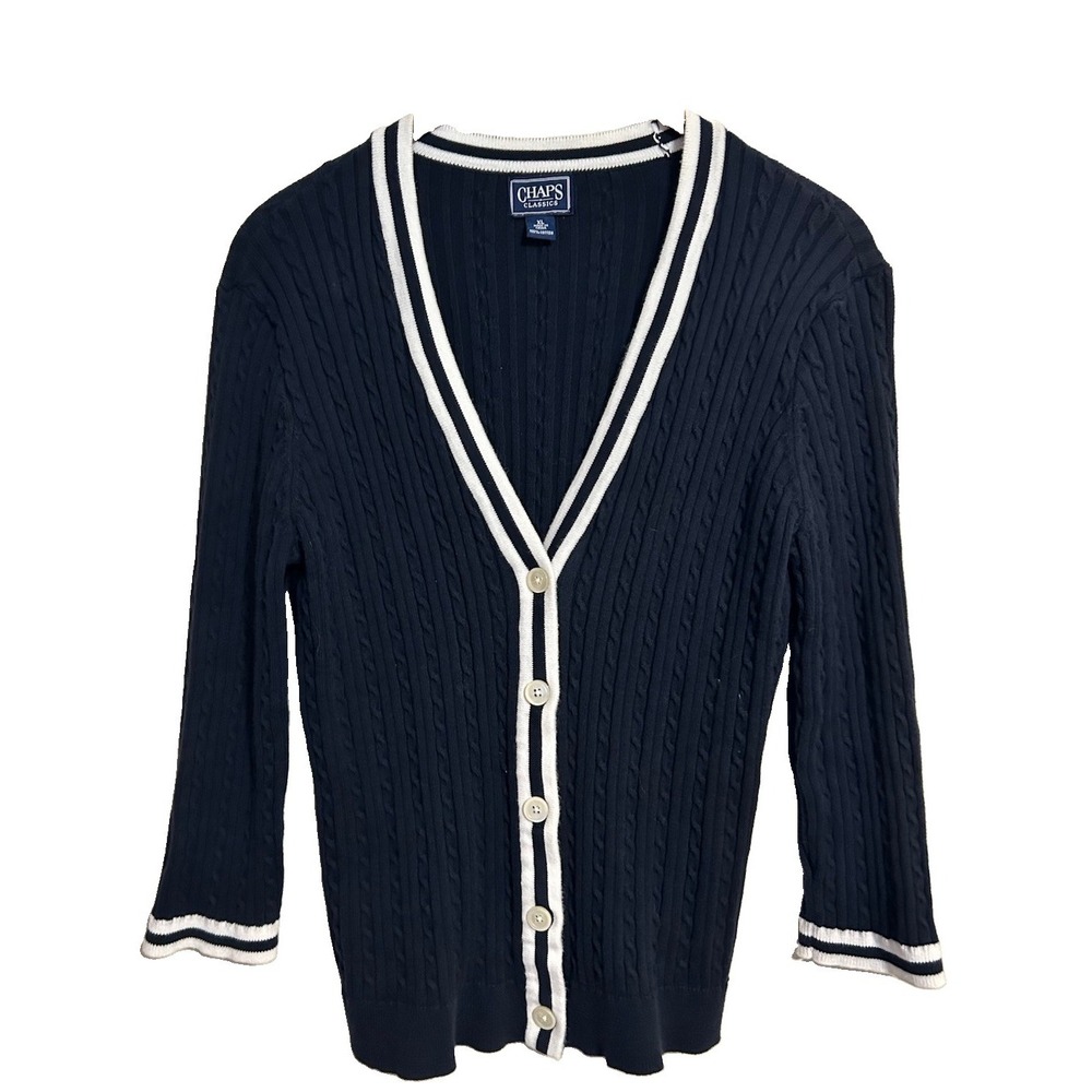 Chaps Womens Cardigan Sweater Sz XL Tennis Hamptons Collegiate Navy White Trim
